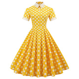 Regency Dress Royal Court Style Fresh Trim Contrast Color Turtleneck Yellow with Polka Dots Mid-Length Large Swing