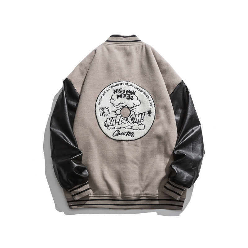 Man Fall Outfis Vintage Color Matching PU Leather Jacket Loose Casual Baseball Uniform