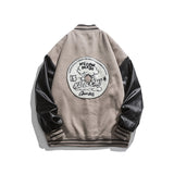 Man Fall Outfis Vintage Color Matching PU Leather Jacket Loose Casual Baseball Uniform