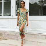 Coachella Music Festival Outfits Square Collar Short Sleeve Printed Waist-Controlled Vintage Sheath Dress