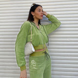 Velour Tracksuit Sports Style Green Velvet Hoodie and Hot Drilling Velvet Pants
