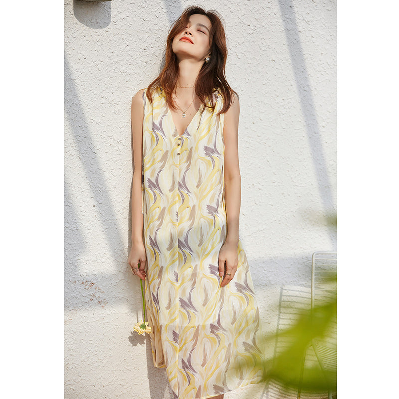 Gloria Vanderbilt Printed Yellow V-neck Dress