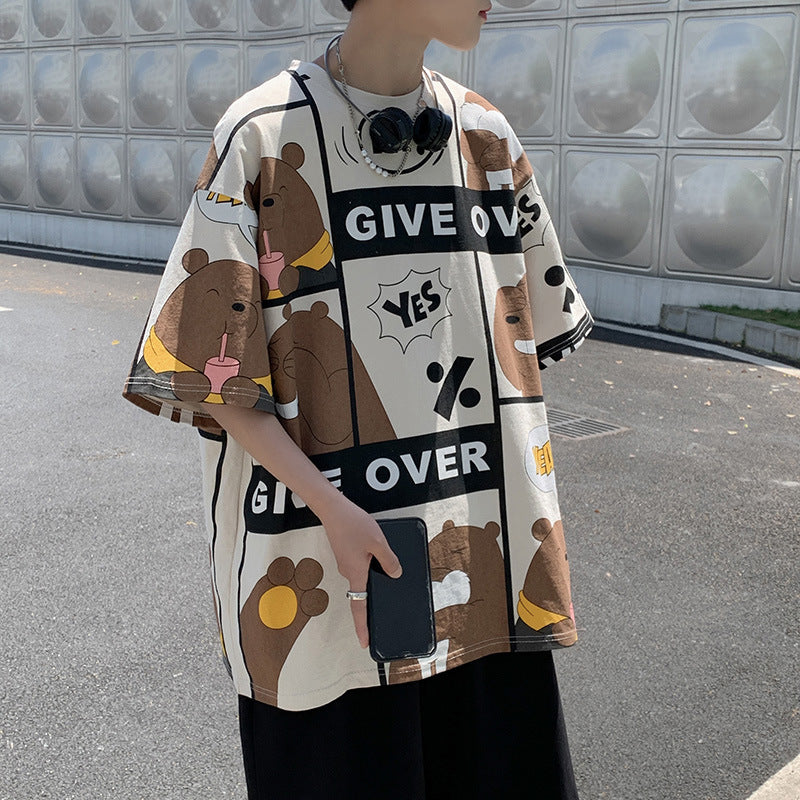 Men T-Shirts Cartoon Print Loose Half Sleeve