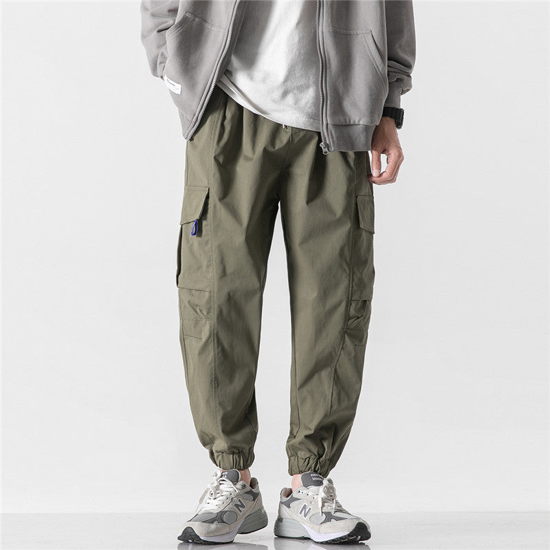 Man Fall Outfis Autumn Simple Solid Color Personalized Pocket Overalls Boys Loose-Fit Tappered Trousers