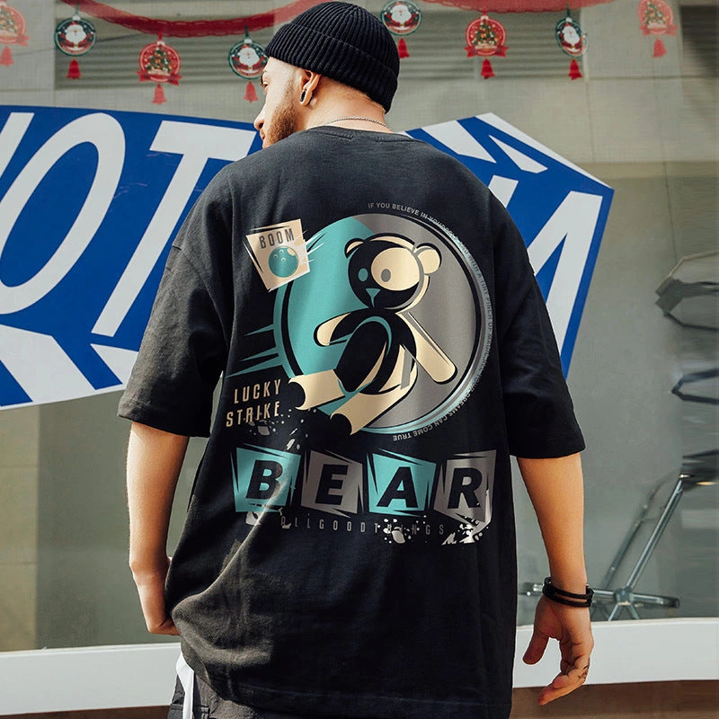 Men T-Shirts Bear Print Loose Half Sleeve