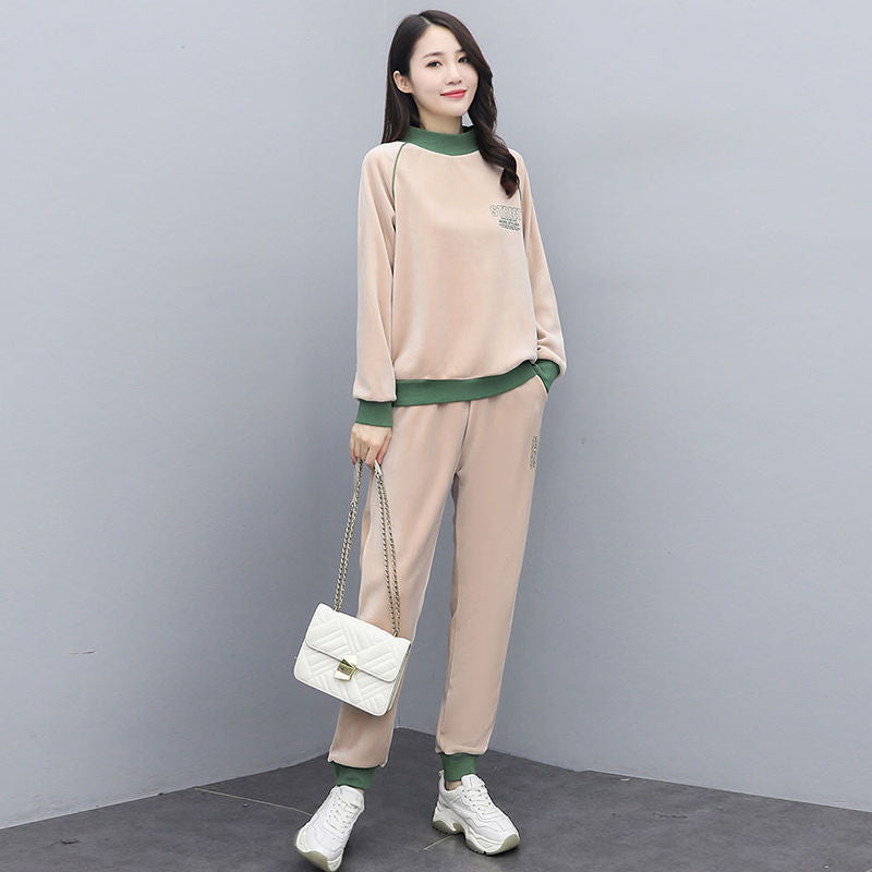 Velour Tracksuit Autumn and Winter Letter Loose Pleuche Sweater Two-Piece Set