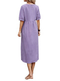 MIDI Mauve Cocktail Dress Pullover Solid Color Loose Cotton Hemp Dress
