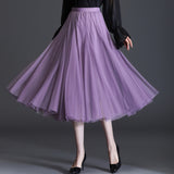 MIDI Mauve Skirt Women's Clothing Mesh Skirt Autumn Middle Fairy Female Dress
