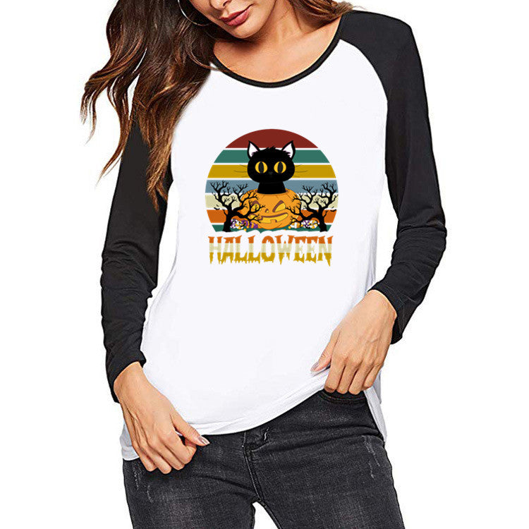Halloween Costumes Printed Raglan Color Contrast Long Sleeve T-shirt Women's Top