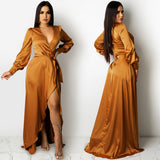 Kendall Jenner Wedding Guest Dress Fashion Sexy Solid Color Women's Deep V Tied Long Sleeves Split Bohemian