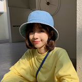 Women Bucket Hat Denim Blue Soft Top Foldable Basin Hat