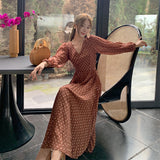 Gypsy Style Dresses V-neck Puff Sleeve Polka Dot Chiffon Pleated Pleated Dress