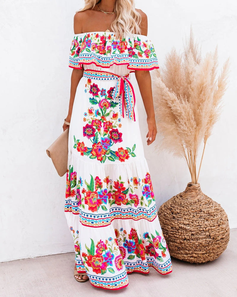 Gypsy Style Dresses off-Shoulder Printed Long Large Hem