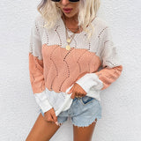 Women Pullover Knit Sweater Autumn Hollow Sweater Striped Color Matching Sweater for Women