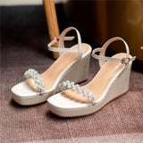 High Heels Slides Summer Ankle-Strap High Heels Pearl Square Toe Wedge Sandals