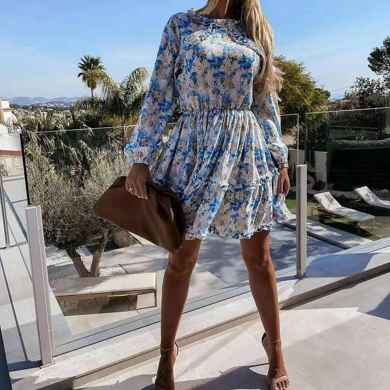 Nine Britton Dress Casual Printed round Neck Long Sleeve Backless Lace