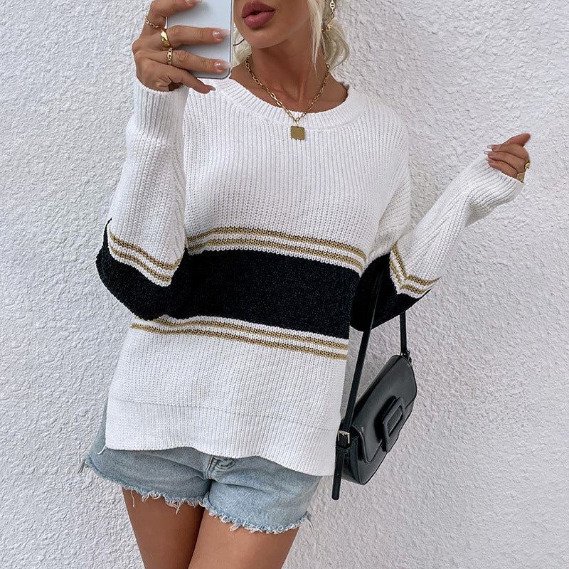 Women Pullover Knit Sweater Autumn and Winter Contrast Color Striped Split Sweater