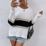 Women Pullover Knit Sweater Autumn and Winter Contrast Color Striped Split Sweater