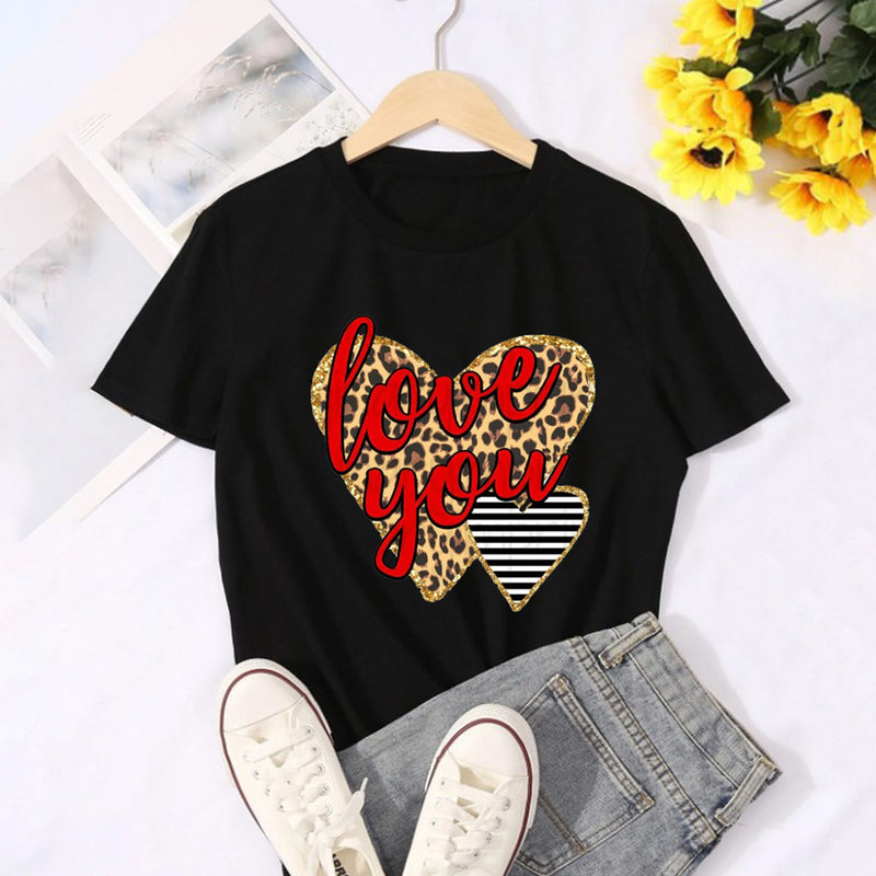 Valentine's Day T Shirts Couples Love Leopard Print Heart Printing Women's Pullover T-shirt