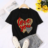 Valentine's Day T Shirts Couples Love Leopard Print Heart Printing Women's Pullover T-shirt