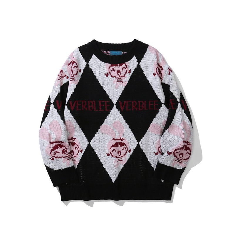 Men Sweater Cartoon Contrasting Color Jacquard Sweater Men's Loose round Neck Sweater Head Shirt
