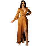Kendall Jenner Wedding Guest Dress Fashion Sexy Solid Color Women's Deep V Tied Long Sleeves Split Bohemian