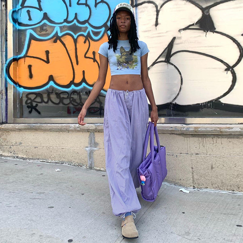 Julia Fox Low Rise Jeans Handsome Drawstring Waist-Tight Woven Casual Pants Hot Girl Loose Leg-Tight Hip Hop Purple Trousers