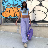 Julia Fox Low Rise Jeans Handsome Drawstring Waist-Tight Woven Casual Pants Hot Girl Loose Leg-Tight Hip Hop Purple Trousers