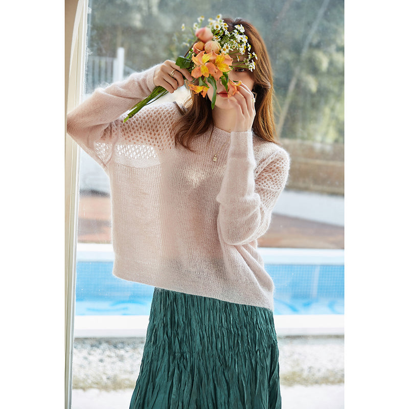 Gloria Vanderbilt Hollow-out Pullover Batwing Sleeve round Neck Mohair Knitwear