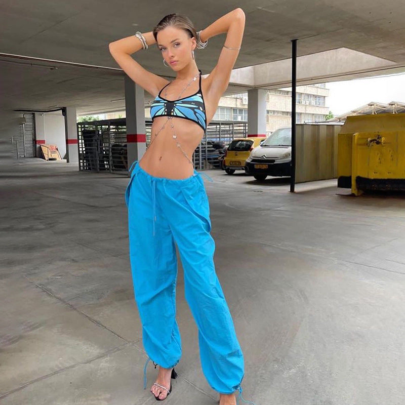 Julia Fox Low Rise Jeans Fashion Drawstring Waist Tight Lightweight All-Matching Casual Pants Hot Girl Slimming Sports Trousers