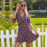Coachella Music Festival Outfits Summer Floral Print Short Sleeve Backless Ruffle Dress for Women