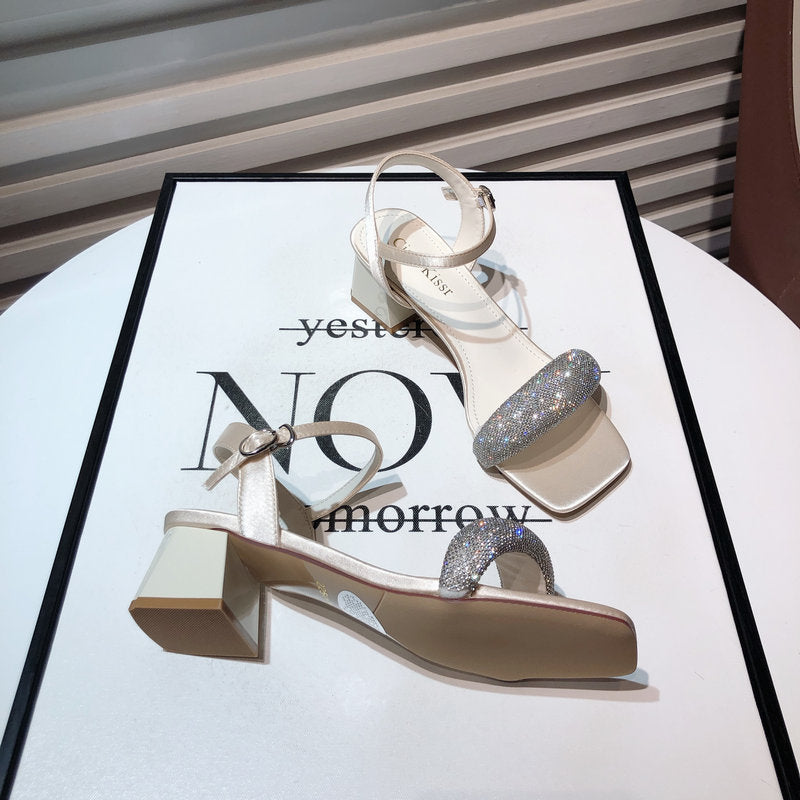 Nude Low Block Heel Word Buckled Chunky Heel Rhinestone Open Toe Square Head