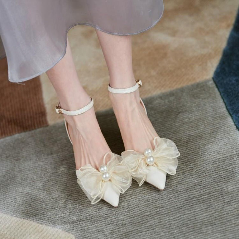 Low Heel Wedding Shoes Deer and Nara Soft Leather French Style Bow High Heel Sandals