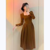 Maxi Burgundy Dress Formal Women's Autumn and Winter Square Collar Midi Dress Base Skirt