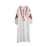 Coachella Music Festival Outfits Retro Lantern Sleeve Cotton and Linen Embroidered Dress Long Skirt