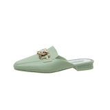 Finn Chain Pointed Toe Mule Rhinestone Bow Ferrule Half Slippers Faux Leather Women's Shoes