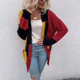 Women Cardigan Knit Sweater Irregular Block Stitching Contrast Color Cardigan