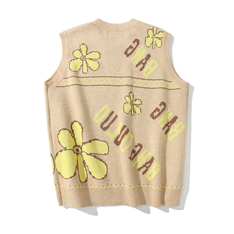 Men Sweater Flower Jacquard Sweater Vest Men's Loose Pullover