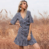 Coachella Music Festival Outfits Summer Floral Print Short Sleeve Backless Ruffle Dress for Women