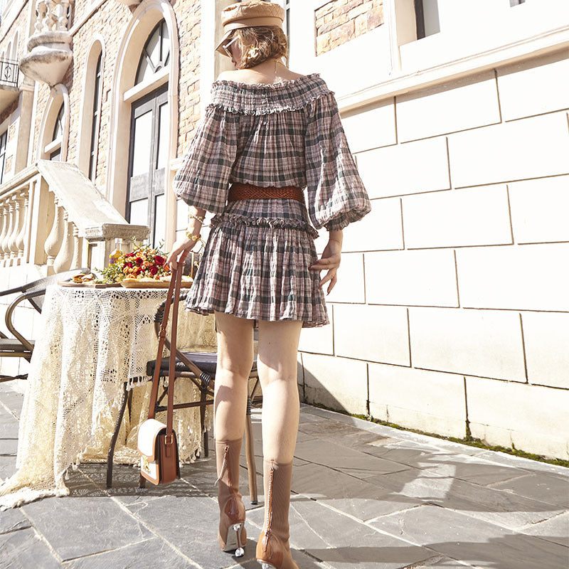 Coachella Music Festival Outfits Long Sleeve Dress British Plaid off-Shoulder Tea Break