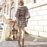 Coachella Music Festival Outfits Long Sleeve Dress British Plaid off-Shoulder Tea Break