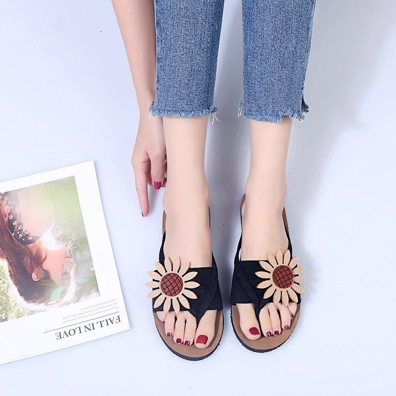 Women Open Toe Sandals Flats Summer Flower Flip Flops Flip-Flops Flip-Flops Casual Beach Slippers