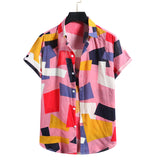 Camp Collar Shirt Short Sleeve Plaid Contrast Color Vacation Style