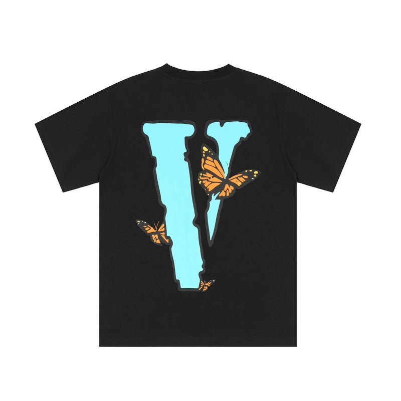 Vlone T Shirt Blue Butterfly Print Large V Short Sleeve T-Shirt Men And Women Loose Hip Hop Half Sleeve