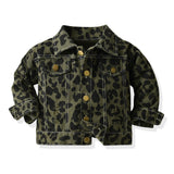 Children Jean Jackets Spring and Autumn Long Sleeve Lapel Leopard Print Casual Denim Top