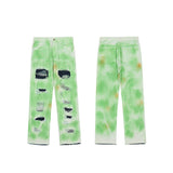 Man Fall Outfits Loose Straight Pearl Tie-Dyed Ripped Fashion Brand Wide-Leg Pants Tide