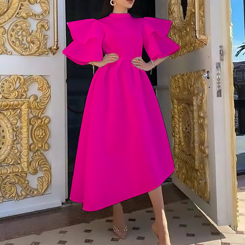 Taffeta Dress Ruffle Sleeve Solid Color Double Layer Dress Gown