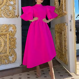 Taffeta Dress Ruffle Sleeve Solid Color Double Layer Dress Gown