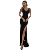 Skin Tight Long Dresses V-neck Mid-Length Black Banquet Split Sexy Evening Dress