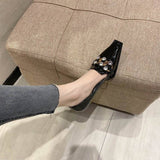 Finn Chain Pointed Toe Mule Crocodile Pattern Patent Leather Muller Pumps Rhinestone Metal Buckle